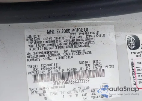2011 Ford Fusion S from USA, damaged, VIN 3FAHP0GA6BR322289